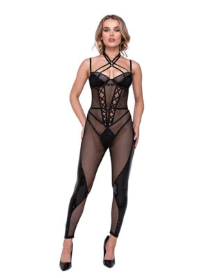 Flirty Fetish Fishnet & Faux Leather Catsuit w/Satin Trim Black MD