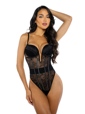 Belle Noir Chantilly Lace and Satin Teddy - Black MD