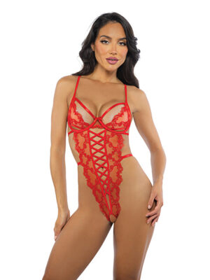 Baroque Heart Embroidered Lace Teddy - Red LG