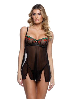 Cherry Delight Embroidered Lace and Mesh Babydoll w/Balconette Cup & Thong 2 pc Set - Black SM
