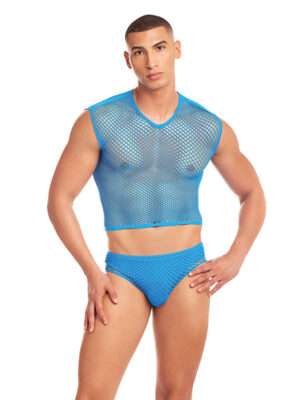 Rainbow Party Net-Flex Large Mesh 3 pc Set w/Thong - Blue L/XL