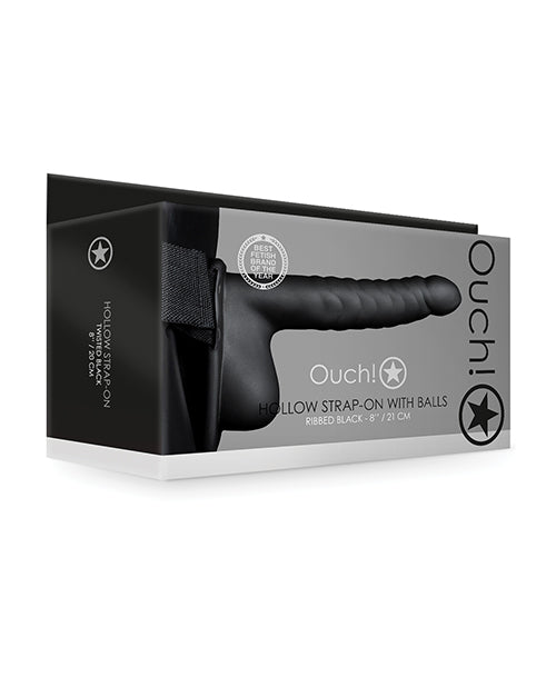 Shots Ouch 8″ Ribbed Hollow Strap On w/Balls – Black