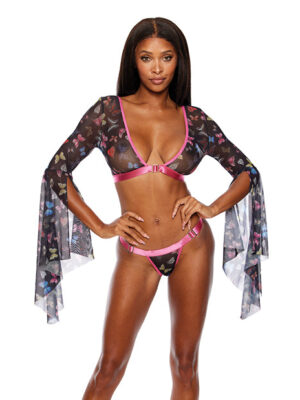Black Mesh Butterfly Print Flutter Sleeve Top w/Thong 2 pc Set - Multi-Color XL