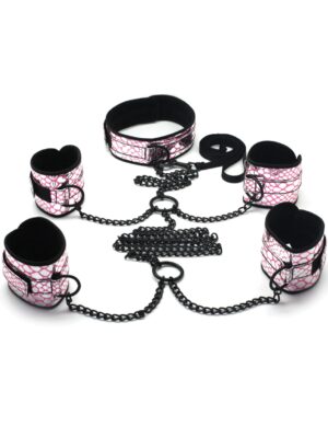 Spartacus Faux Leather Collar to Wrist & Ankle Restraints Bondage Kit w/Leash - Pink
