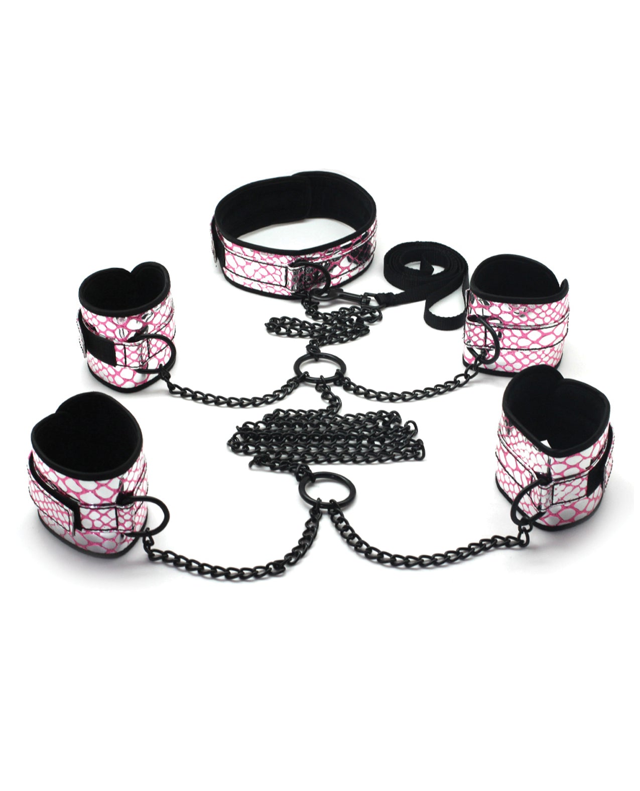 Spartacus Faux Leather Collar to Wrist & Ankle Restraints Bondage Kit w/Leash – Pink