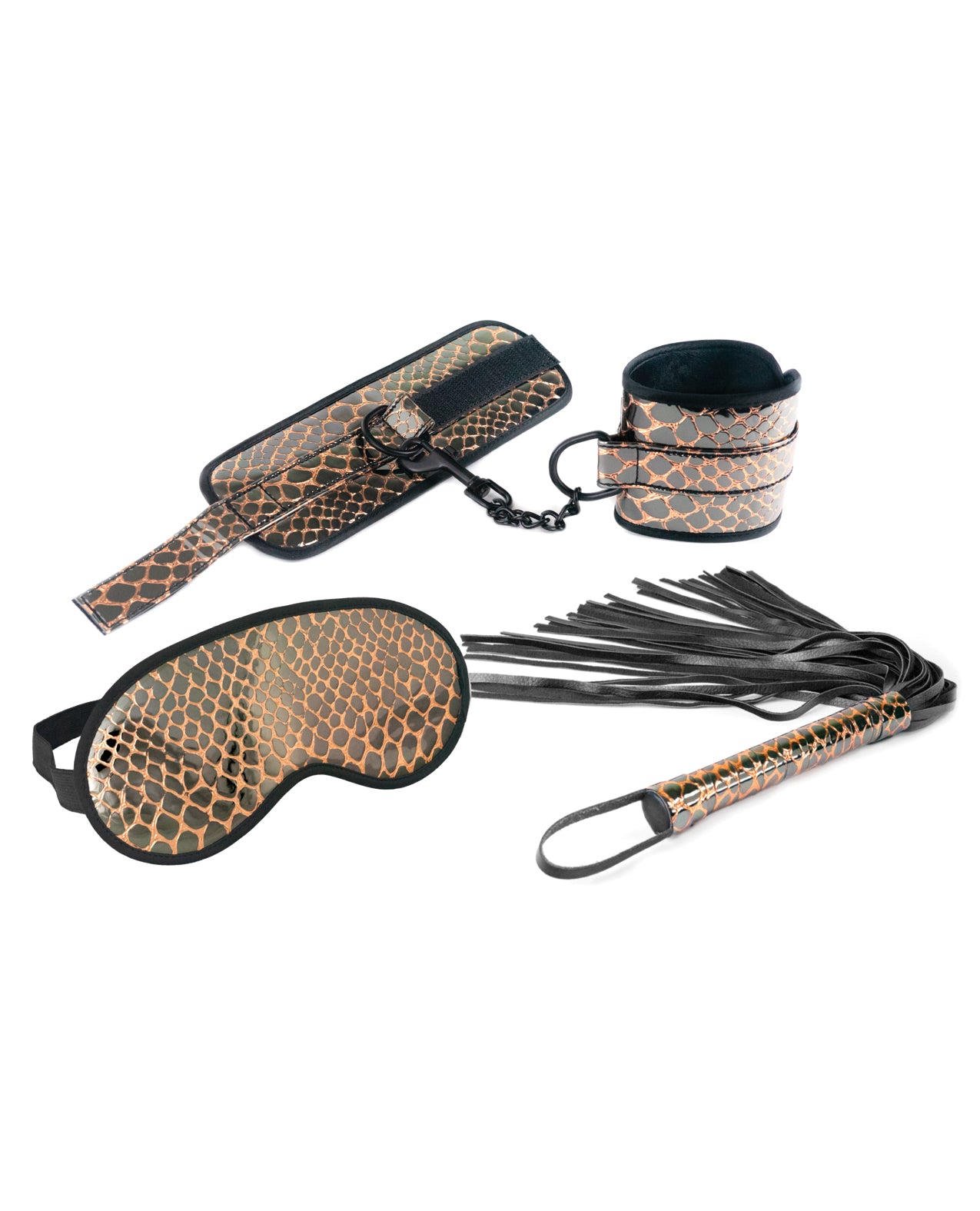 Spartacus Faux Leather Wrist Restraints Blindfold & Flogger Bondage Kit – Gold
