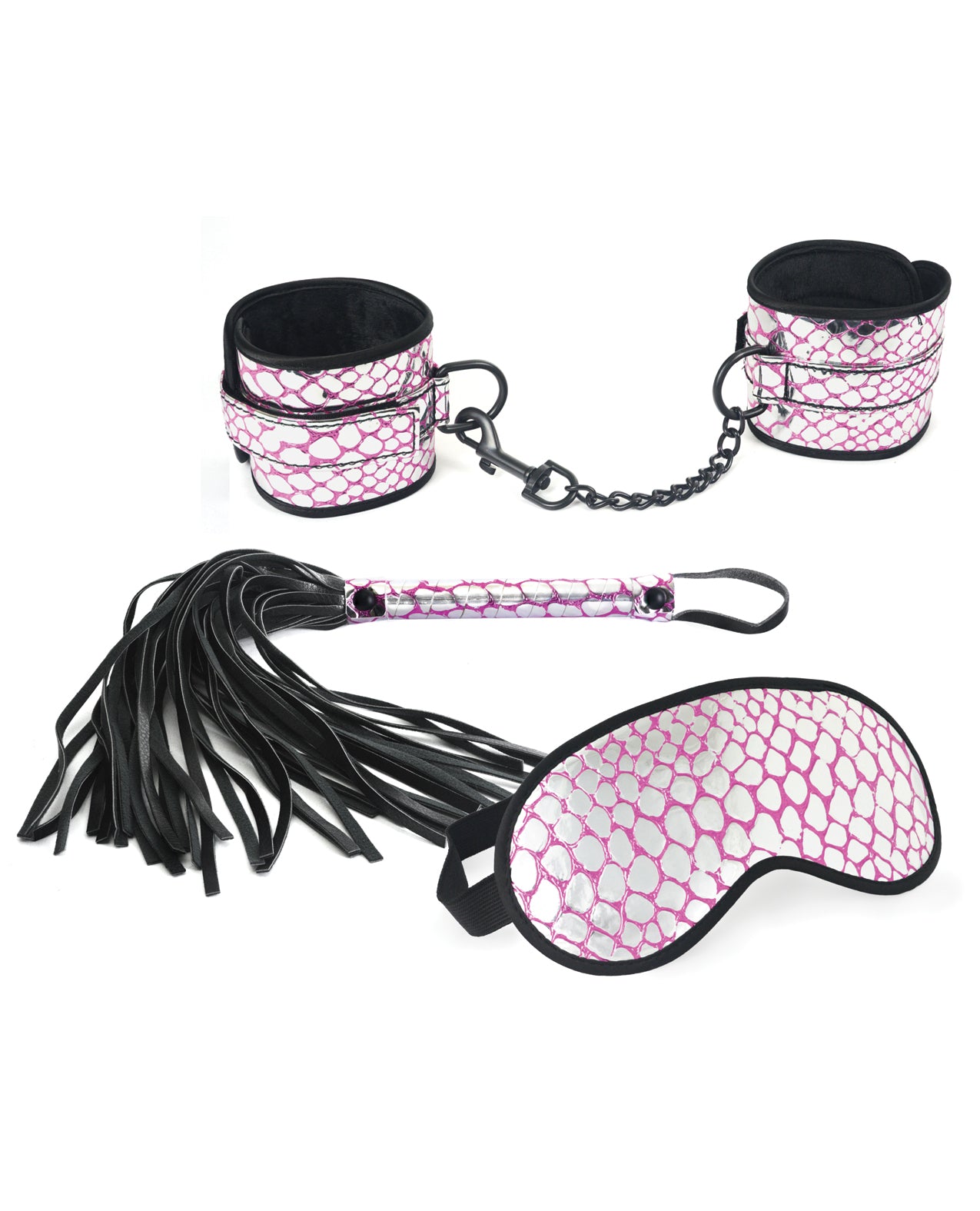 Spartacus Faux Leather Wrist Restraints Blindfold & Flogger Bondage Kit – Pink