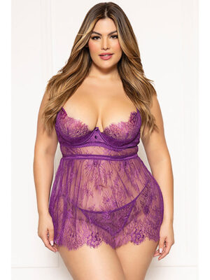 Floral Eyelash Lace Underwire Babydoll w/Thong 2 pc Set - Purple 3X/4X