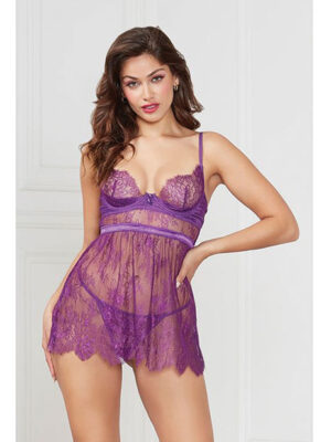 Floral Eyelash Lace Underwire Babydoll w/Thong 2 pc Set - Purple LG