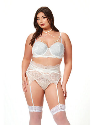Lace & Pearl Bra, Garter Belt & Thong White 3X/4X