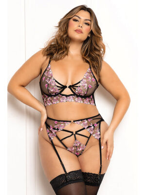 Floral Lace and Mesh Long Line Underwire Bra w/Garter & G-String - Black/Pink 3X/4X