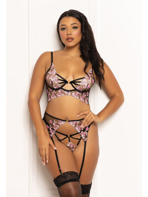Floral Lace and Mesh Long Line Underwire Bra w/Garter & G-String - Black/Pink MD