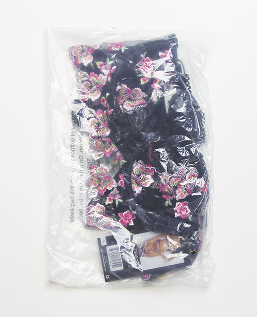 Floral Lace and Mesh Long Line Underwire Bra w/Garter & G-String - Black/Pink XL - Image 6