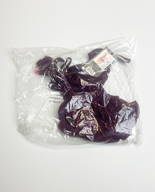 Metallic Lace with Mesh Gartered Chemise & Thong - Plum XL - Image 4