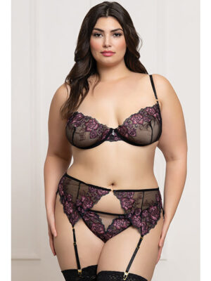 Floral Lace and Mesh Underwire Bra w/Garter & Thong 3 pc Set - Black/Purple 3X/4X