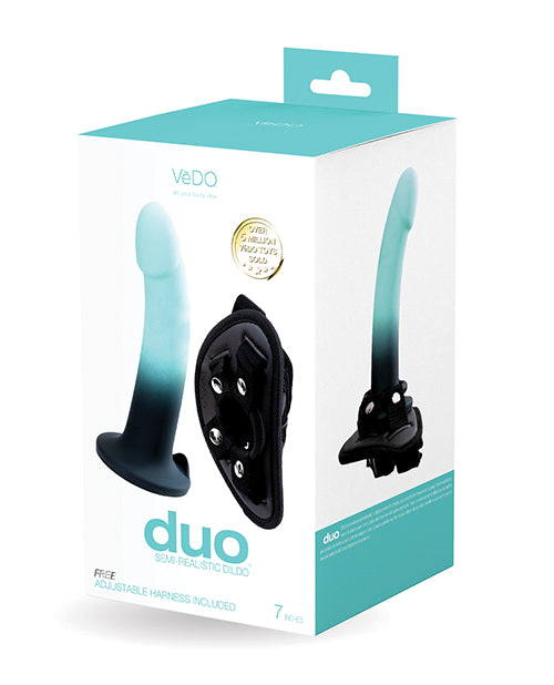 VeDO Duo Silcone Dildo w/Harness – Turquoise/Black
