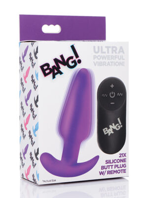 Bang! 21X Vibrating Silicone Butt Plug w/Remote - Purple