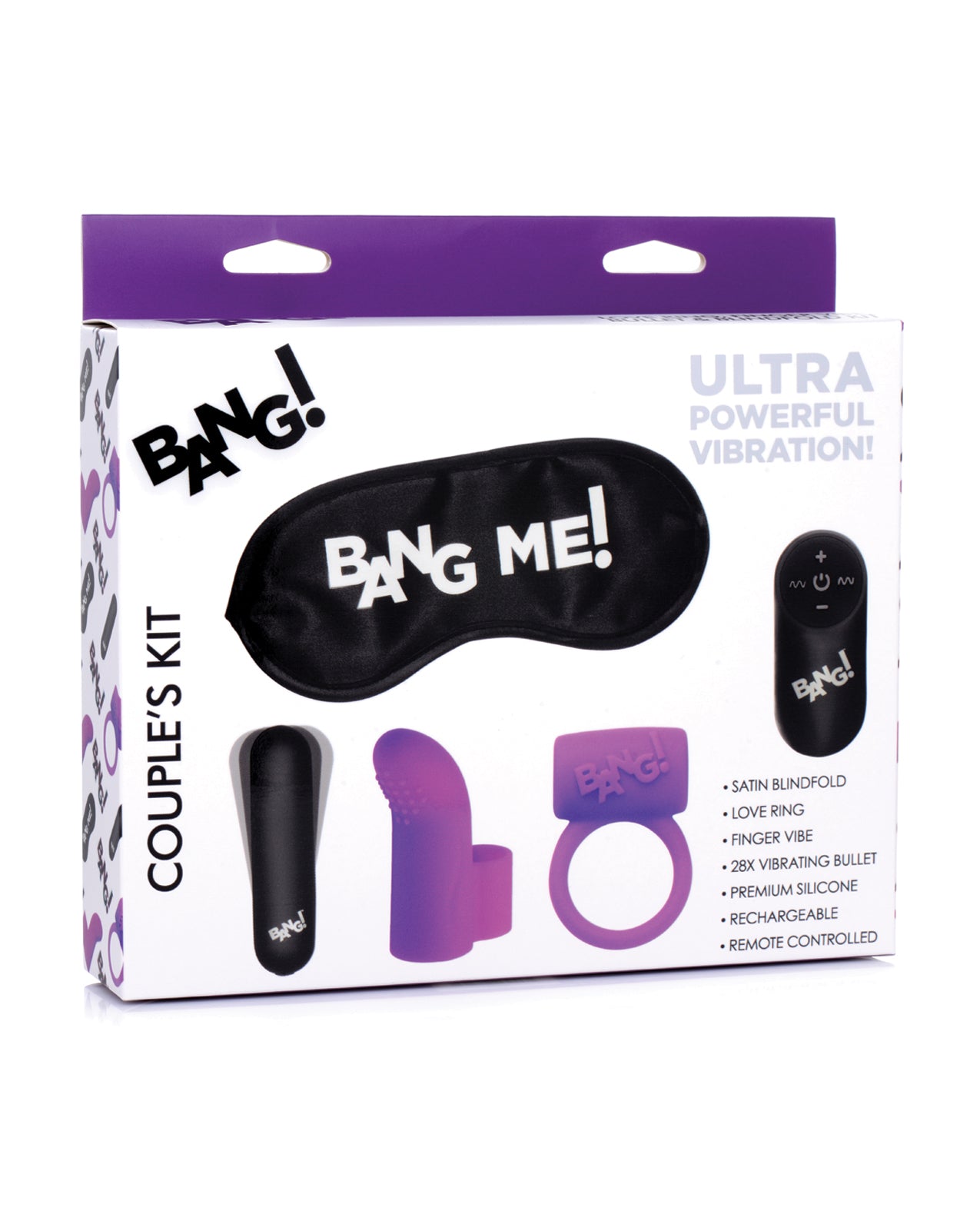 Bang! Couple’s Kit with RC Bullet, Blindfold, Cock Ring & Finger Vibe – Purple